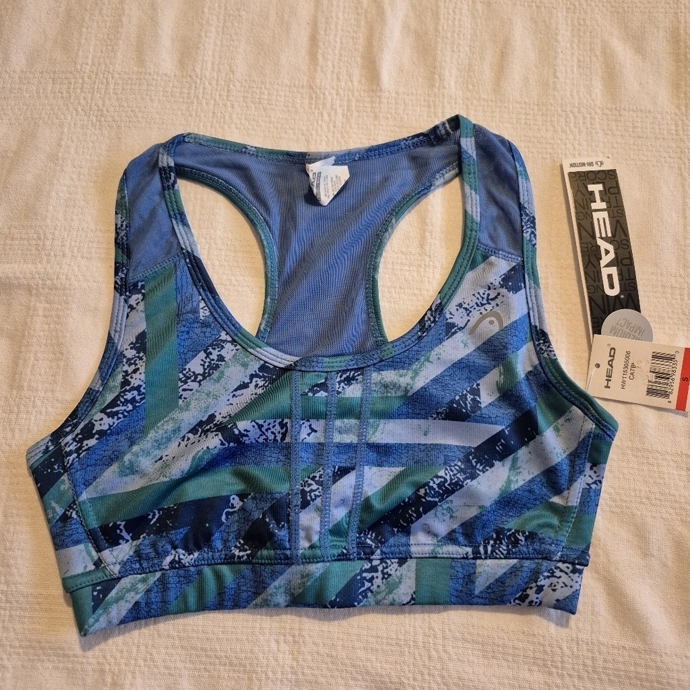 HEAD women's striped racerback bra blue green Dri Motion Medium Impact S NWT